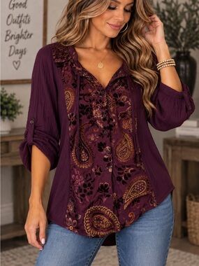 RXB size XL Women's Plum Paisley Button-Front Blouse
